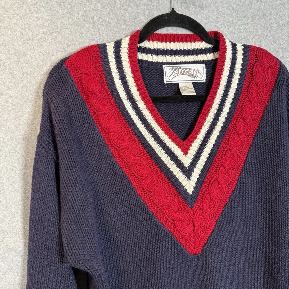 Vintage Varsity Sweater‎ Womens Medium Nuggets V Neck Navy Blue Cotton Pullover
